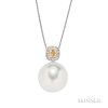 18kt White Gold, South Sea Pearl, Colored Diamond, and Diamond Pendant