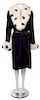 An Escada Black Wool Fox Trim Coat, Size 36; Self-tie belt: 58.25" L x .5" W.