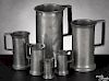 Six-piece set of French pewter metric measures, 19th c., of cylindrical-form