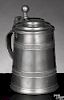 German pewter beer tankard or Deckelkrug, 19th c., the body with relief cast foliate banding