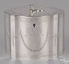 George III style silver tea caddy with a bright cut swag decoration, 4 1/2'' h., 5'' w., 12.2 ozt.