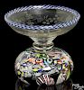 Antique paperweight spill vase with an etched bowl and scrambled millefiori base, 2 7/8'' h.