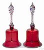 Pair of Victorian ruby glass bells with air twist handles, 10 1/2'' h.