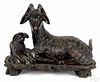 Chinese carved hardstone recumbent ram and kid, 6'' l.