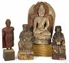Three Chinese carved wood shrine figures, together with a Tai red lacquer Buddha, tallest - 11''.