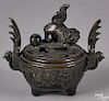 Chinese bronze censer with a foo dog lid, 5'' h.