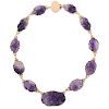 14 Karat Yellow Gold Floral Pattern Carved Amethyst Necklace