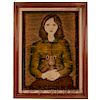 Tapiz. Polonia. Siglo XX. Retrato de mujer. Bordado en lana. Enmarcado en madera tallada.