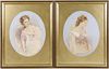 Pair of 19th C. Watercolors of Elegant Young Women