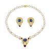 A Cultured Pearl Sapphire Ruby and Diamond Earring and Necklace Set