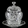 Cut Glass Lidded Jar with Underplate, Three Pieces