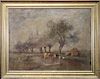 Large Antique Bucolic Landscape Painting