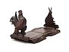 A Black Forest Carved Oak Rooster And Rabbit Figural Book Slide Width 9 3/4 inches (closed).