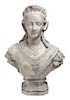 A Cast Stone Bust of a Woman Height 33 1/2 inches.