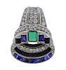 French 1930s Art Deco Platinum Emerald Sapphire Diamond Brooch 