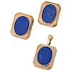 A lapis lazuli 14K yellow gold pendant and pair of earrings set.