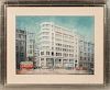 British School, 20th Century  Architectural Watercolor Drawing:  Modernist Building on a London Street
