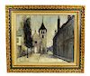 20th Century Signed Town Scene Oil Painting Canvas