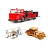 Buddy L fire pumper, chrome tri plane & wood auto