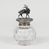 Continental Cut-Glass Inkwell with Silver Plate Lid Modeled as an Elk