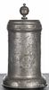 German pewter stein or Walzenkrug, 18th c., the cylindrical body engraved with a horse-drawn cart