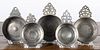 Five assorted Continental pewter porringers, one marked TV, another with crossed keys and a crown