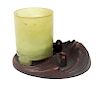 Chinese Hand Carved Jade Brush Pot w/ Wood Stand