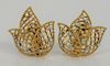 Pair of 14 karat gold ear clips of three part flower, set with ten small diamonds in each. 
11.6 grams