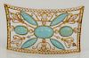 10 karat gold filigree large brooch, set with cabochon cut turquoise and pearls. 
1 3/4" x 3", 27.2 grams total weight