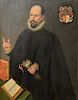 Cornelia Toe Boecop (1551-1630), 
oil on panel, 
Portrait of a Gentleman, 
with ruffle collar and books, 
coat of arms top right, 
s...