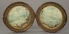Pair of Round French miniature hot air balloons landscapes,  gouache on paper in round shagreen folding case, marked on bottom: Albr...