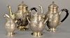 Four piece French silver tea and coffee set ,  having ribbed body with three dimensional wreaths and bust touch mark on base to incl...