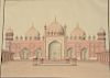 Agra School, 19th century, 
two ink watercolor gouache on paper, 
(1) Taj Mahal Mosque, 
written bottom center: "Gateway of the Tomb...