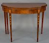 Fineberg mahogany five leg game table, 
with drawer having large bellflower inlaid legs and urn inlaid panel. 
height 29 inches, wid...