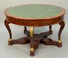 French Empire round center table having tooled green leather top,  five drawers in frieze on five scrolled legs with gilt bronze mou...