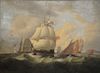 British Ships in Stormy Sea, 
oil on canvas, 
unsigned, 
19th Century, 
relined, 
23 1/2" x 31 1/2"
