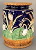 George Jones Majolica garden seat circa 1874, 
having birds, cattails, dragonflies, and water lily decorations on cobalt blue backgr...