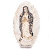 Diego Matthai. Virgen de Guadalupe. Elaborada en madera con hoja de plata y aplicaciones de papel cromado. Firmada.