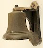 ANTIQUE BRONZE BELL MOUNTED ON WOOD WALL BRACKET
