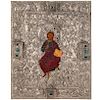 Icono del Cristo Pantocrator. Siglo XX. Estilo medieval. Óleo sobre madera con repujado en metal plateado.
