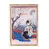 LOTE SIN RESERVA.  Mujer oriental pintando. Japón, siglo XX. Serigrafía y xilografía sobre papel. Firmado. Enmarcado.