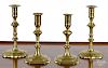 Two pairs of English Queen Anne brass candlesticks