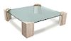A Contemporary Tesselated Stone and Brass Glass Top Coffee Table Height 17 x squared diameter 63 1/2 inches.