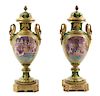 A Pair of Monumental Gilt Bronze Mounted Sevres Style Porcelain Napoleonic Urns Height 41 1/2 inches.