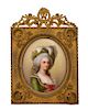 A French Hand Painted Portrait Miniature on Porcelain of Young Lady of the Court Height 5 3/4 x width 4 1/8 inches.