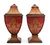 A Pair of Regency Red and Gilt Painted Tole Covered Urns Height 19 x width 9 1/8 x depth 9 1/8 inches.