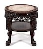 A Chinese Carved Hardwood and Marble Inset Side Table Height 22 x width 20 x depth 20 inches.