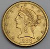 GOLD. 1886 S $5 Gold Liberty Head Coin.