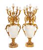 A Pair of Louis XV Style Marble and Gilt Bronze Five-Light Candelabra Height overall 36 inches.