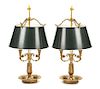 A Pair of Empire Style Gilt Bronze Four-Light Bouillotte Lamps Height overall 29 inches.